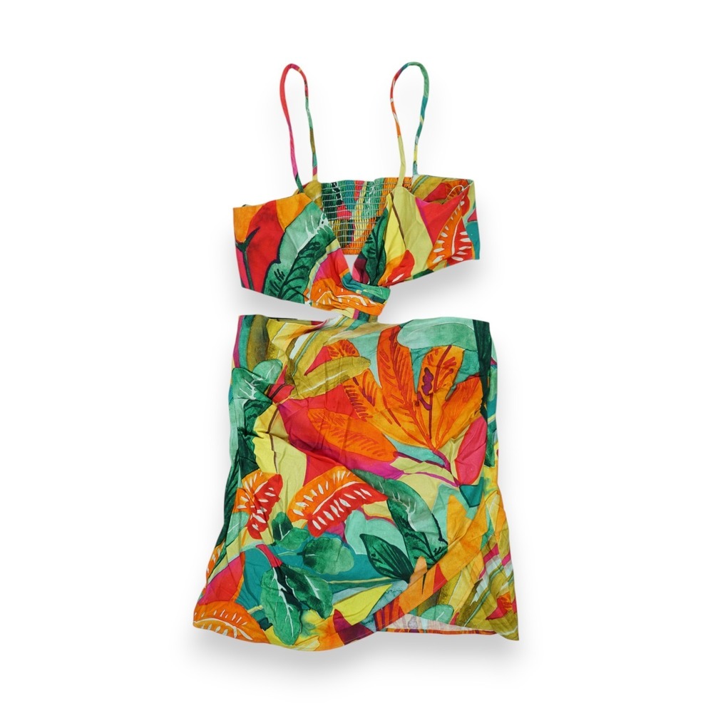 NWOT ZARA Linen Blend Tropical Floral Pattern Mini Dress Cut Out Sleeveless Sz L